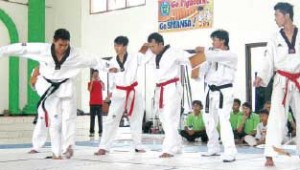 BERLATIH: Atlet taekwondo di arena Kejurkab beberapa waktu lalu.