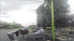 Sejumlah-pekerja-memasang-tiang-lampu-di-pinggir-jalan-raya-Dusun-Sumberjeruk,-Desa-Tamanagung,-kemarin