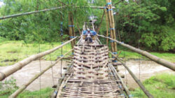 Seorang-warga-melintasi-jembatan-bambu-di-dusun-Ringinpitu–Barat,-Desa-Ringinpitu,-kecamatan-Tegaldlimo.