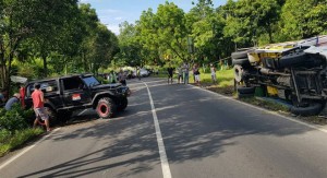 Truk Pengangkut Janur Terguling di Kabat