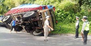 Truk Fuso Pengangkut Kayu Sengon Nyaris Terguling di Gumitir