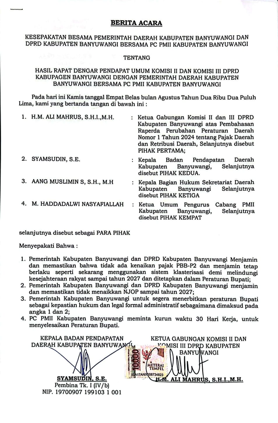 tak-ada-kenaikan-pajak-pbb-p2-dan-njop-hingga-2027,-pemkab-&-dprd-banyuwangi-teken-kesepakatan-dengan-pmii