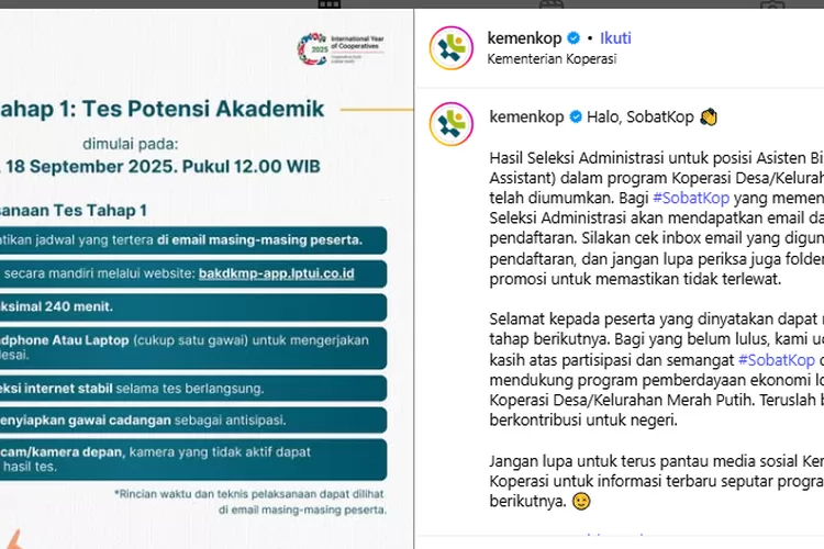 pengumuman-lolos-seleksi-administrasi-asisten-bisnis-kemenkop,-selamat-maju-ke-babak-tes
