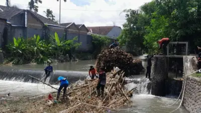 perlancar-aliran-sungai,-bpbd-dinas-terkait-bersihkan-batang-bambu-di-sekitar-dam-untung-banyuwangi