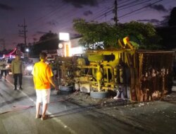 Rem Blong! Truk Muatan 1,1 Ton Ayam Terguling Timpa Pemotor di Kesilir Banyuwangi