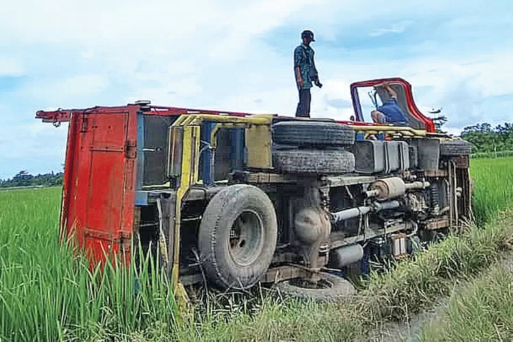 truk-terguling-di-persawahan-muncar-banyuwangi,-evakuasi-6-jam-gunakan-excavator