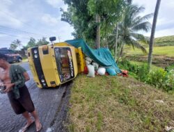 Diduga Hindari Truk dari Arah Berlawanan Truk Engkel Terguling di Kaligondo Genteng.